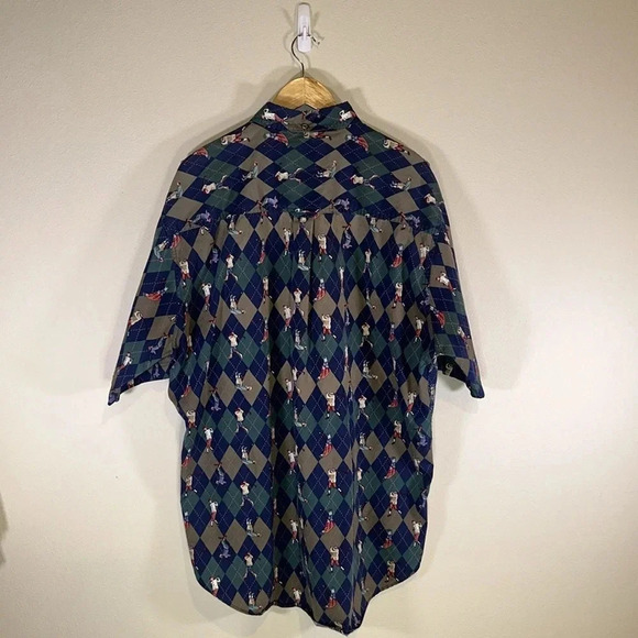 Vintage Argyle Golf Print Button Front Cotton Short Sleeve Shirt Size 2XT Casual - Picture 2 of 6